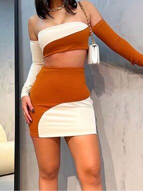 Two-Tone Rust & Cream Off-Shoulder Crop Top + Mini Skirt Set Never Worn Amazon